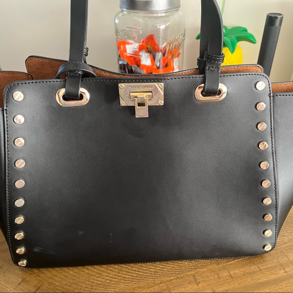 Karl Lagerfeld purse, black leather outside, brown suede inside